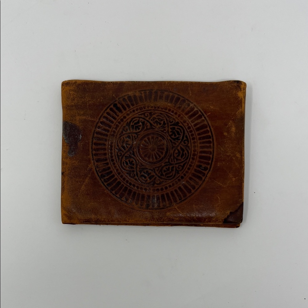 Vintage Hand tooled leather bifold boho wallet medallion design
